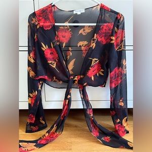 Sheer floral, tie-front/wrap, bell sleeves, crop Shrug from Urban Outfitters